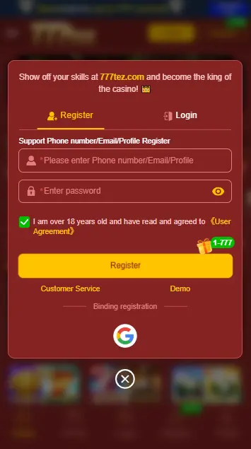 777TEZ Game Register Page